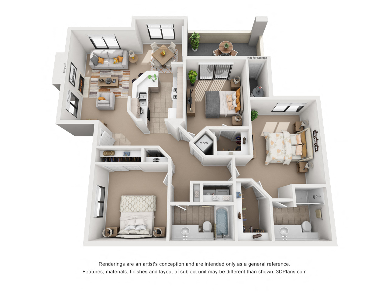 Floor plan for 3 beds, 2 baths, 1263 sqft